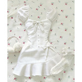 短裙 收腰显瘦白月光泡泡袖 韩系白色条纹连衣裙子女早春季 2026新款