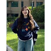 藏蓝色宽松慵懒圆领无帽上衣长袖 加绒女款 秋冬季 爆款 卫衣2025新款