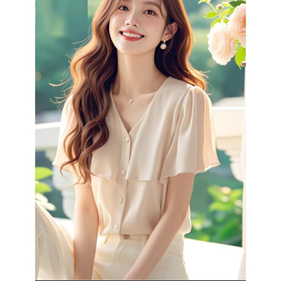 V领雪纺衬衫女夏荷叶边短袖衬衣