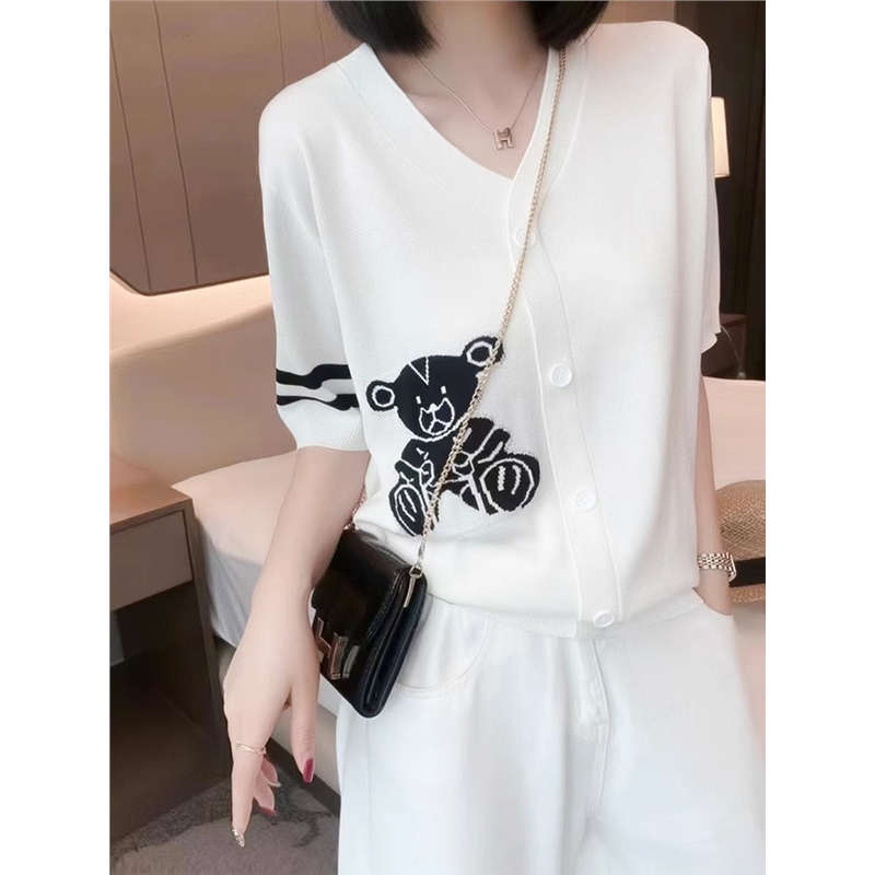 奥特莱斯专柜正品清仓女装夏季小熊刺绣v领短袖T恤女冰丝针织开衫