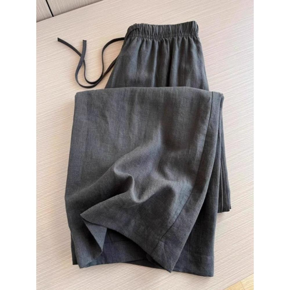 灰色亚麻松紧腰阔腿裤女垂感