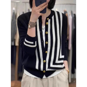 奥特莱斯专柜正品清仓女装撞色条纹圆领羊毛开衫毛衣针织上衣外套