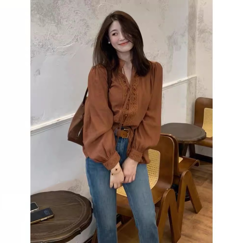 上衣蕾丝边长袖衬衫女秋