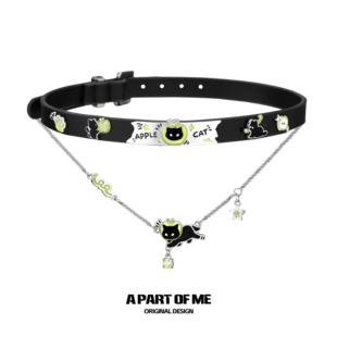 原创黑猫青苹果叠戴项链皮革项圈小众chocker辣妹y2k锁骨链