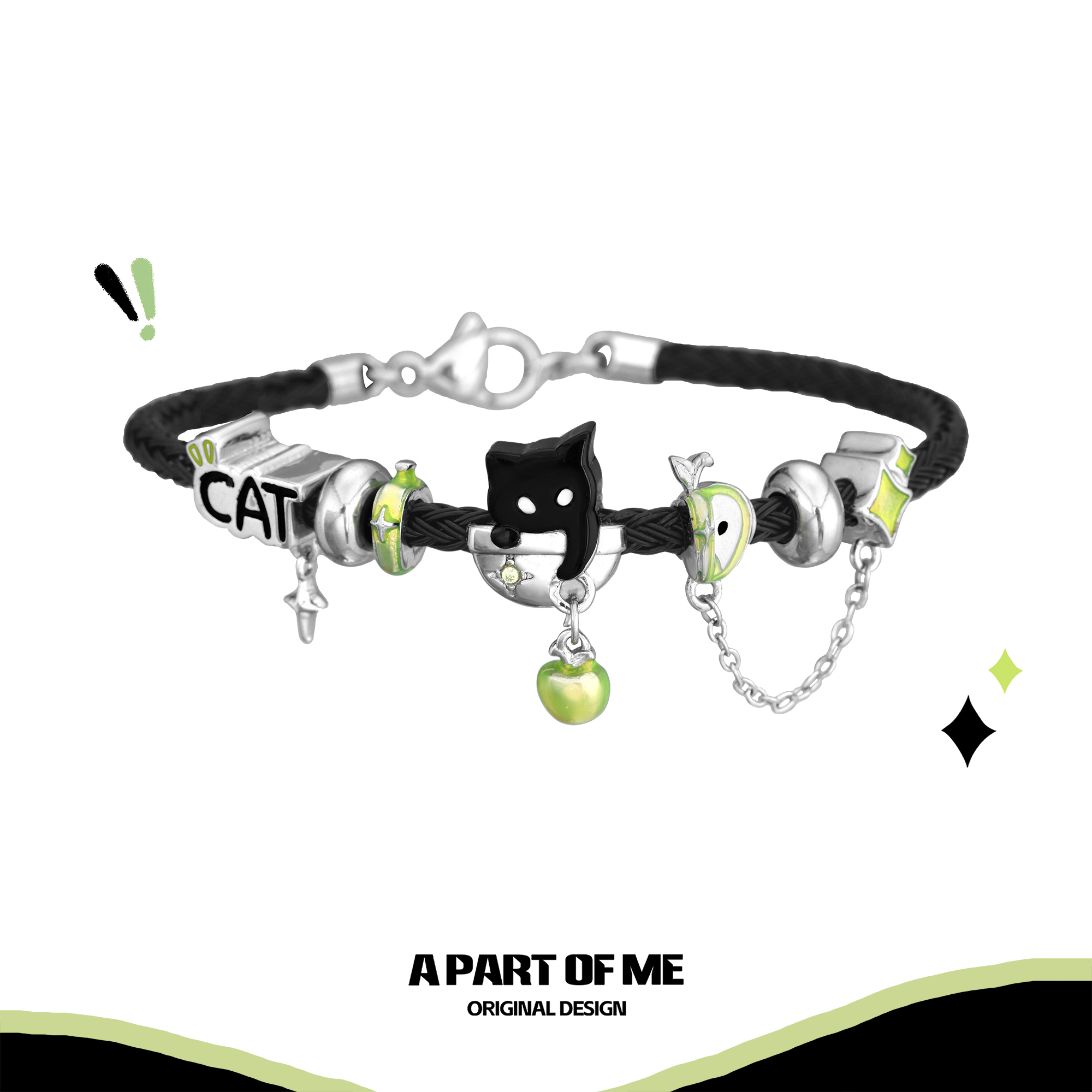 敲可爱！原创黑猫青苹果手绳手链高级感甜酷钢丝绳编编织男女手环