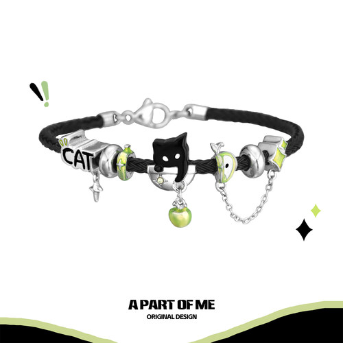 敲可爱！原创黑猫青苹果手绳手链高级感甜酷钢丝绳编编织男女手环