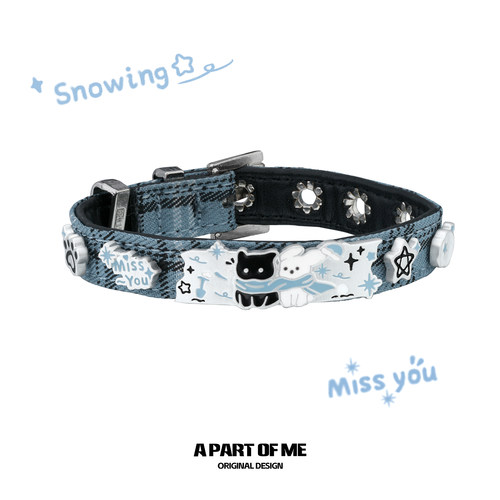 可爱辣妹 原创雪地黑猫小白狗手链小众设计甜酷蓝色皮革手环手镯