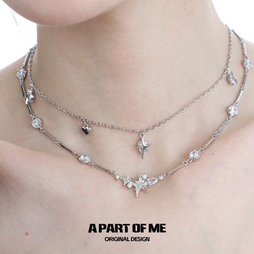 小众镶钻爱心星星项链双层女
