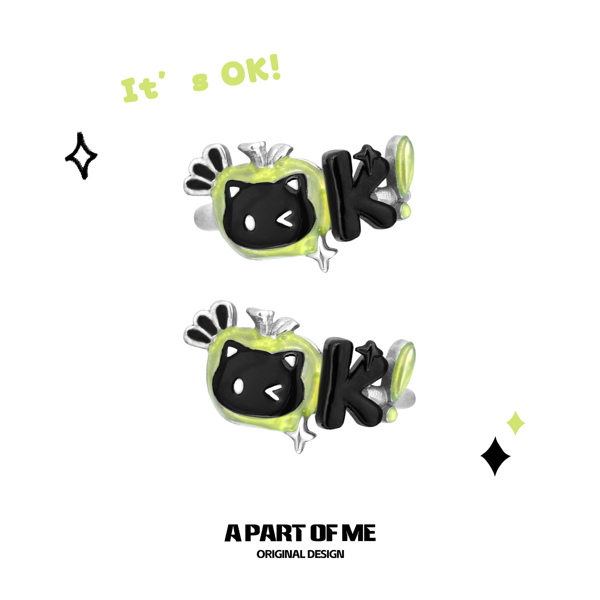 我真的OK!原创无耳洞黑猫青苹果耳夹高级感耳骨夹甜酷风耳挂耳饰
