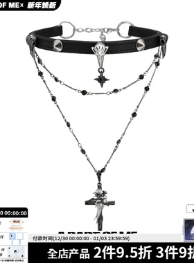 渡鸦系列原创小众设计皮项圈叠带高级双层十字架项链乌鸦chocker