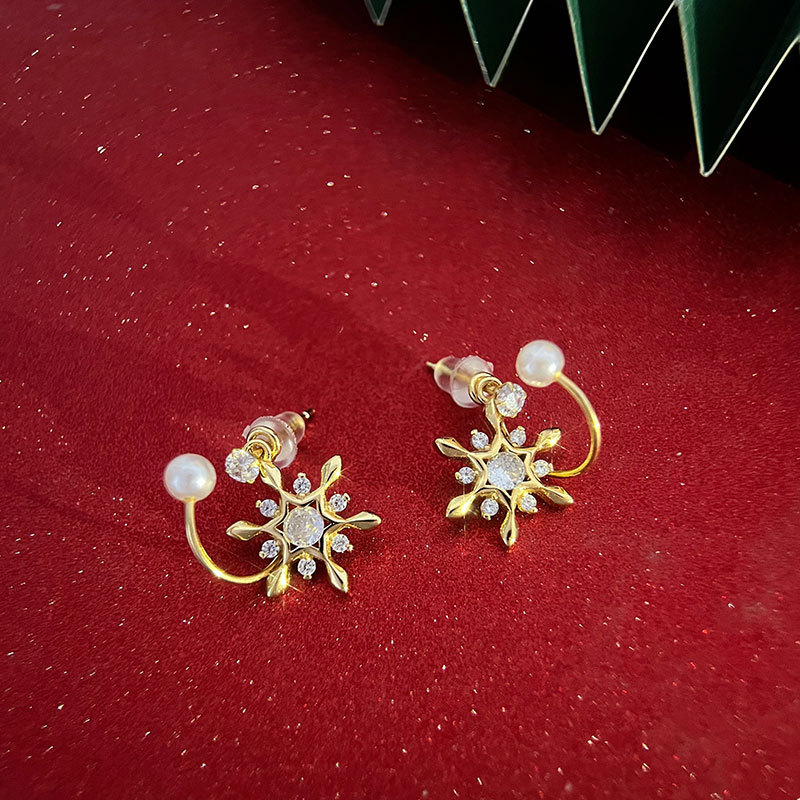 s925纯银轻奢感雪花珠珠耳钉时尚精致后挂式耳环送女友礼物潮