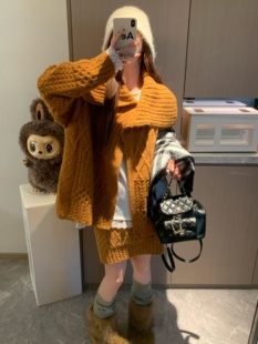 半身裙套装 韩系复古绞花大翻领毛衣外套针织开衫 南瓜橘 香蕉派派