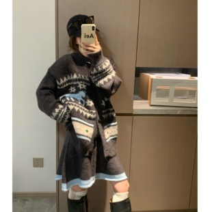 [香蕉派派]费尔岛复古开衫羊毛套装女2025秋冬针织半身短裙两件套