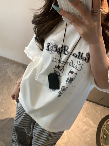 蕾丝花边KT印花短袖T恤女夏季