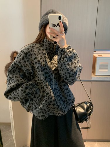 高领黑灰豹纹毛呢夹克外套