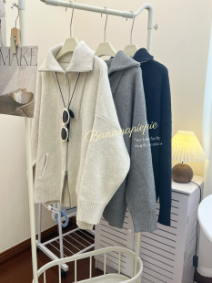 毛衣 双拉链慵懒感时髦感宽松廓形翻领针织开衫 香蕉派派