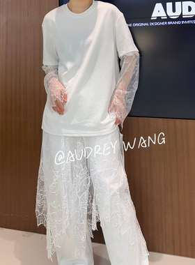 AW2024夏季新款小众设计蕾丝拼接可拆卸宽松圆领百搭上衣原创T女