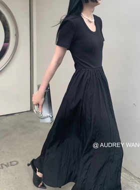 AW黑色方领连衣裙子女质感高级感气质长裙2024新款夏季拽姐风裙子