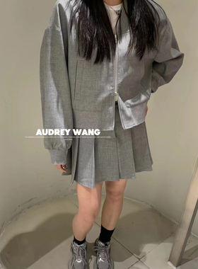 AW2024春季新款学院风减龄小众设计V领百搭棒球服百褶裙套装女