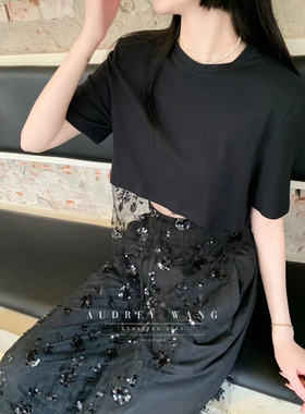 YM2023夏季新款亮片蕾丝拼接连衣裙原创小众百搭宽松短T气质百搭