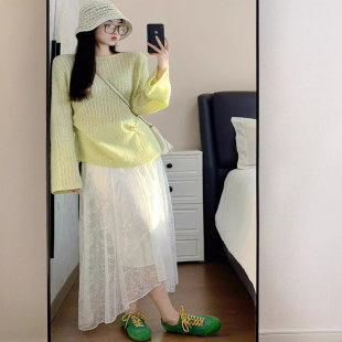 镂空圆领套头毛衣慵懒风长袖 绿色针织罩衫 法式 2025新款 上衣 女春季