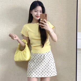 飞袖 奶油黄圆领短袖 新款 掐腰甜美热辣风小上衣女2025夏季 T恤法式