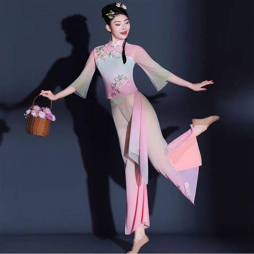 古典舞演出服女飘逸中国风梦蝶飞舞汉服扇子舞中老年广场舞表演服