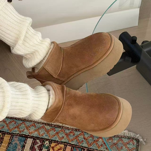 诗歌兰加绒雪地靴女2025冬新款真皮磨砂套筒加厚大棉厚底做旧短靴