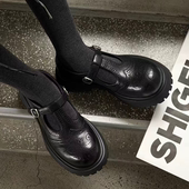 诗歌兰英伦风布洛克鞋 圆头扣带雕花牛津鞋 女2026春新款 黑色小皮鞋