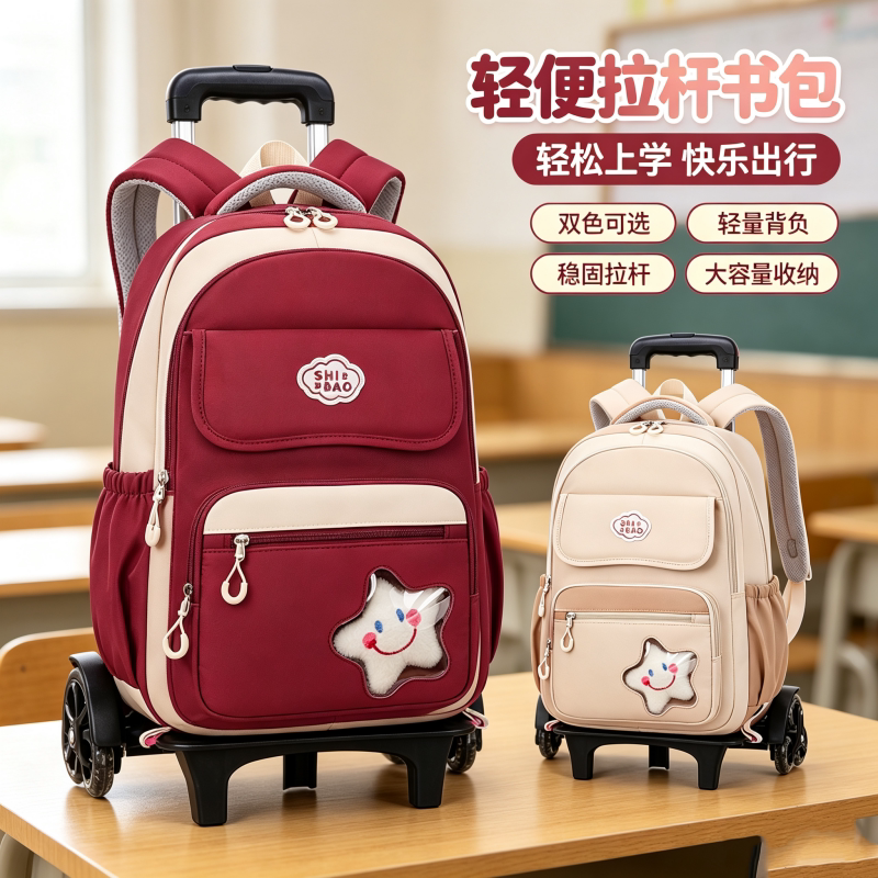 新款轻便女生拉杆书包初中生轻便减负上学快乐出行大容量收纳