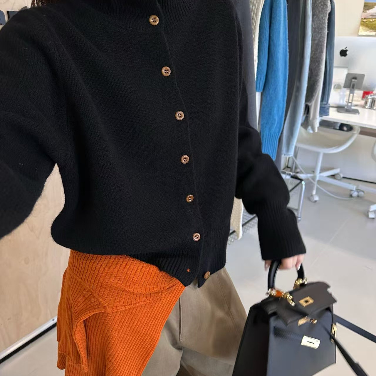 气质高领纯色软糯全羊毛单排扣开衫女2025秋冬显瘦减龄百搭毛衣潮