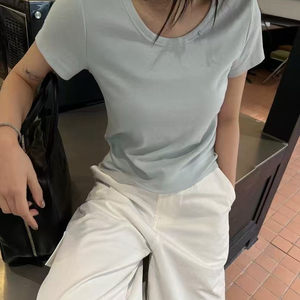 wat贝壳扣U领短袖T恤女2025夏季新款韩版百搭洋气时尚打底衫上衣