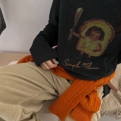 one深灰色长袖T恤女2025冬款韩版宽松显瘦印花长绒棉打底衫上衣潮