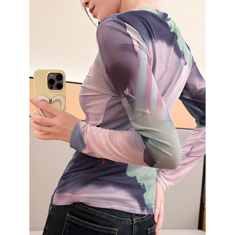 声雨竹网纱印花圆领长袖t恤女装春秋新款欧货上衣时尚修身打底小