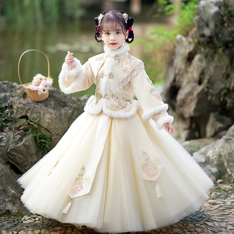 女童汉服冬装新款套装洋气儿童公主裙小女孩冬裙子加厚连衣裙冬款