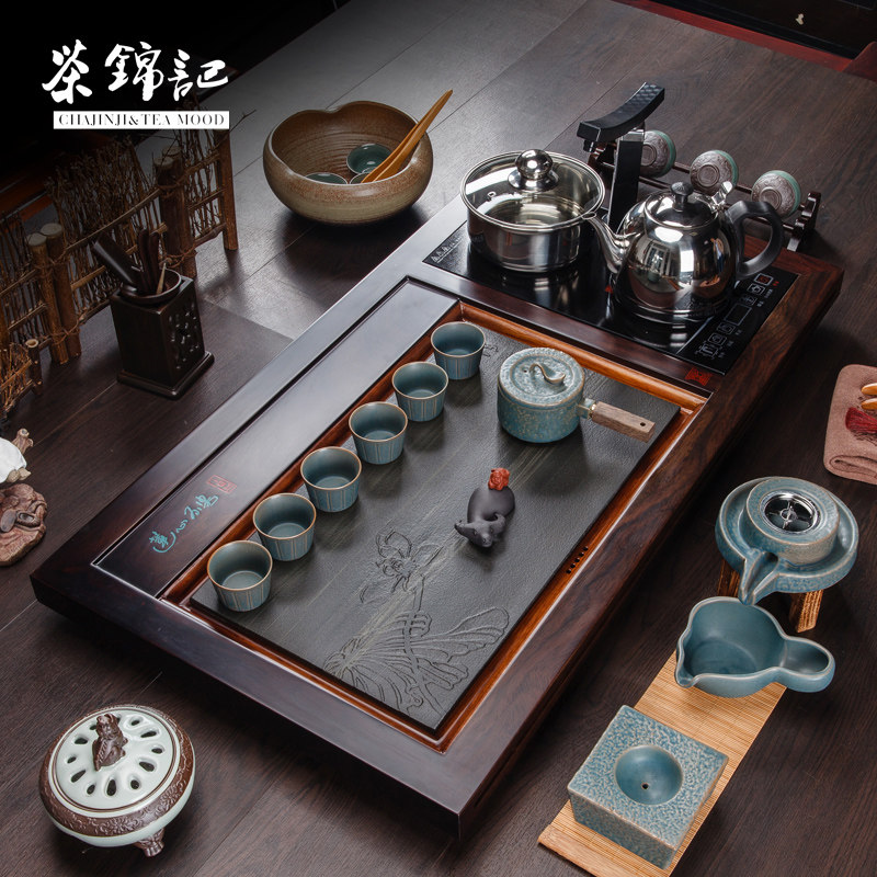 茶锦记黑檀木茶具茶盘实木整块天然简约茶海电磁炉家用一体石茶台