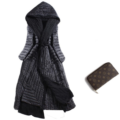 系带不规则拼接过膝轻便羽绒服