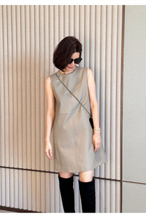 100%绵羊皮皮裙女春秋新款进口小羊皮直筒马甲连衣裙短裙真皮皮裙