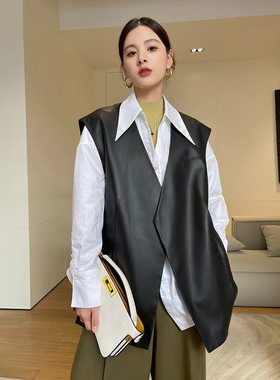 绵羊皮真皮皮衣女中长款绵羊皮无袖真皮外套女秋季新款马甲