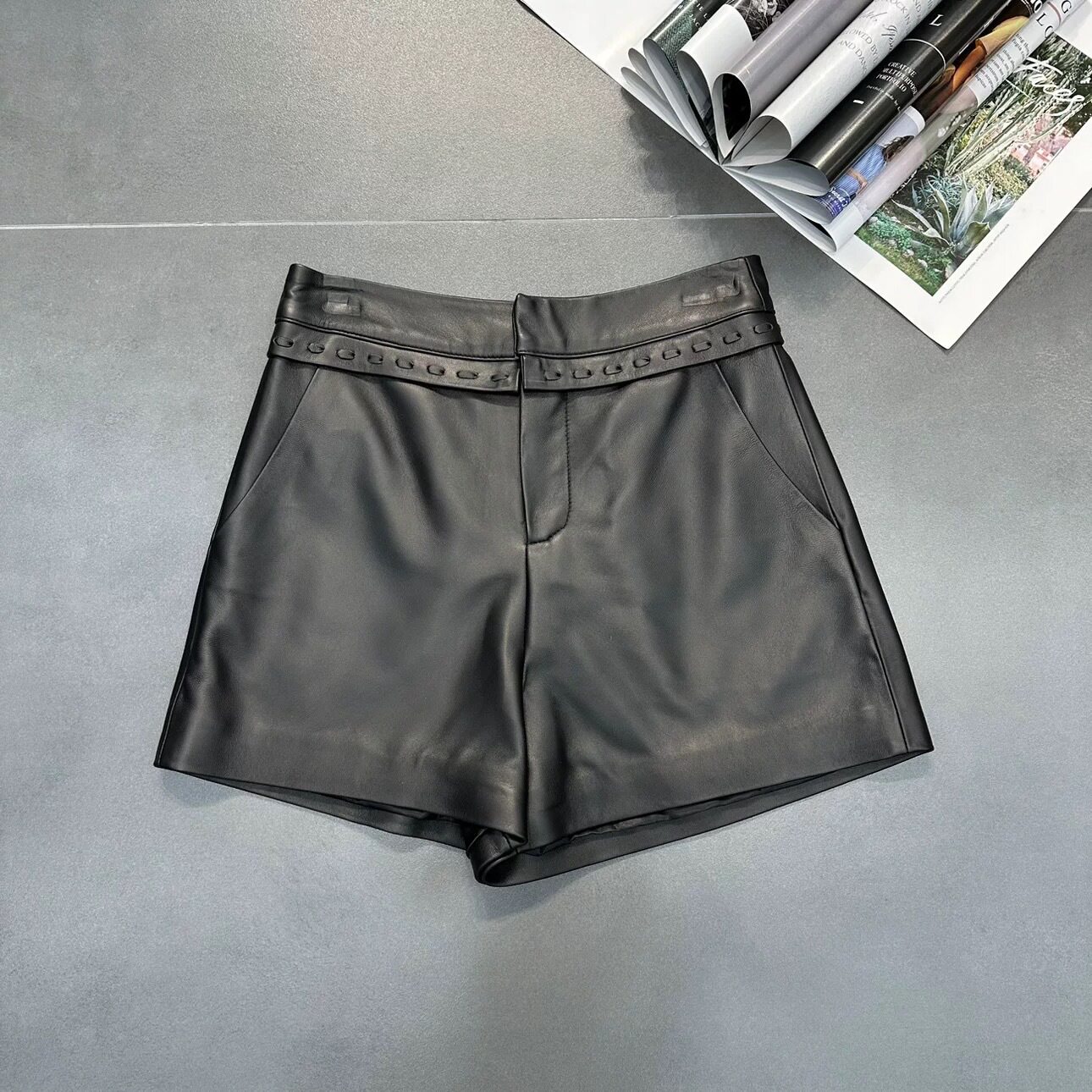 100%绵羊皮休闲短裤高腰绵羊皮皮裤阔腿真皮皮裤女重工编织裤子