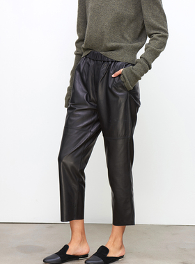 真皮皮裤新款松紧腰宽松BF风哈伦裤绵羊皮长裤女帅气款九分裤