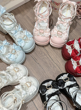 魔女之夜 原创「爱心之恋」lolita高跟鞋粗跟甜美蝴蝶结圆头单鞋