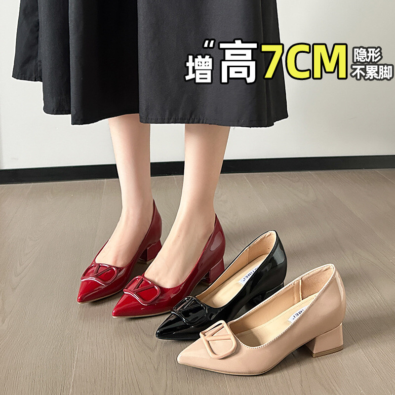 粗跟百搭高跟单鞋女内增高漆皮法式炸街高颜值舒适尖头V扣晚晚风
