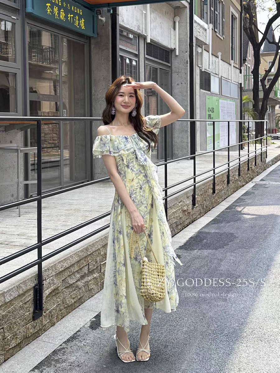 法式时尚气质名媛风荷叶边碎花拼接大摆吊带连衣裙女收腰显瘦长裙