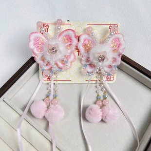 新年红色蝴蝶儿童发夹古风过年喜庆头饰中国风女童汉服拜年发饰