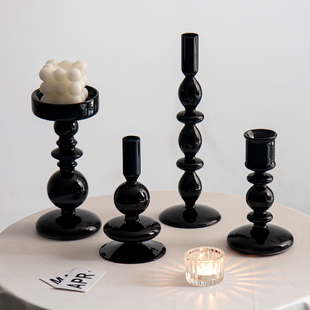 黑色蜡烛台复古高端轻奢玻璃饰品烛光晚餐浪漫玄关高级感餐桌摆件