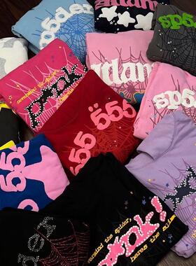 美式潮牌sp5der加绒连帽衫55555系蜘蛛网类印花卫衣男女同款长袖