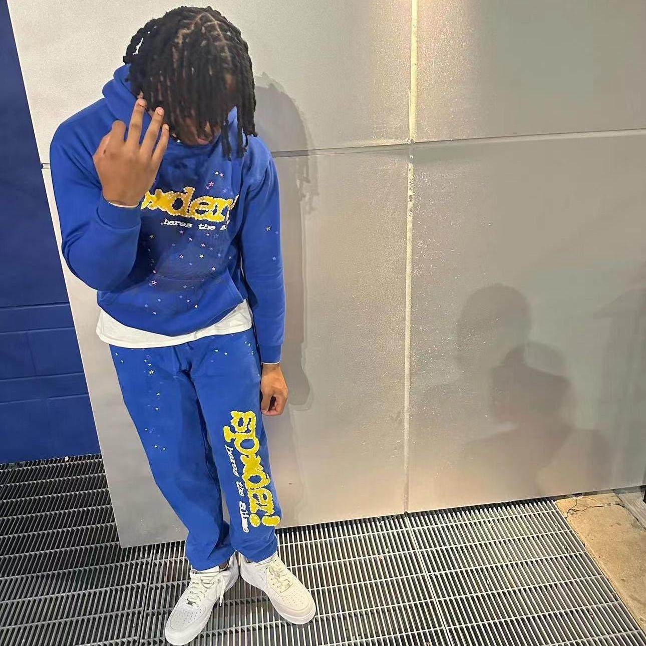 美式sp5der潮牌加绒宽松圆领连帽衫套装蜘蛛网55555发泡正确印花