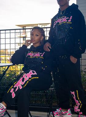 Sp5der  Hoodle美式潮牌55555蜘蛛网PINK印花潮流加绒连帽衫卫衣