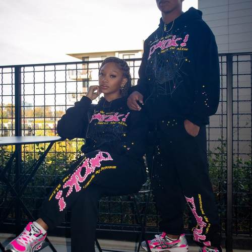 Sp5der  Hoodle美式潮牌55555蜘蛛网PINK印花潮流加绒连帽衫卫衣